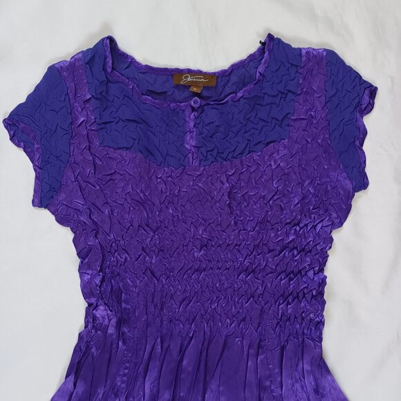 Jessica Purple Crinkle Midi Dress Shiny Short Sleeve Full Skirt Retro Size 6 - Picture 3 of 12